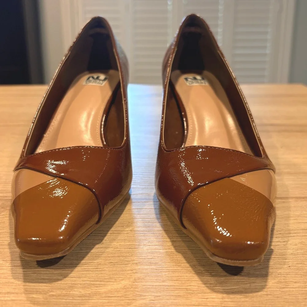 Ninety Union Womens Brown Colorblock Patent Geometric Block Heel Square Toe Pump
